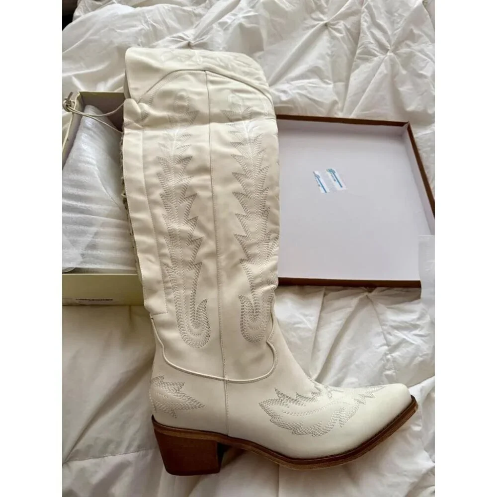 Women White-knee Polyurethane Over the Knee Adjustable Thigh High Cowgirl Boot